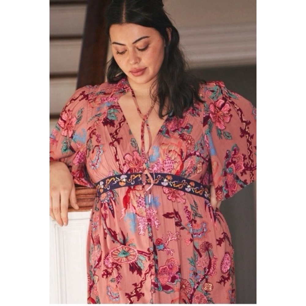 NWT by Anthropologie Floral V-Neck Ruffled Embroidered Boho Maxi Dress SP - Picture 11 of 13